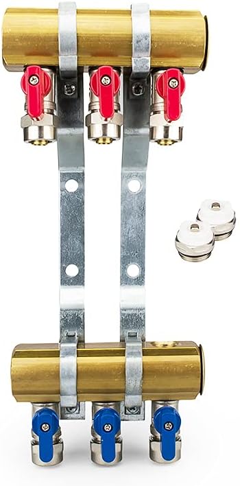 Messing Heizkreisverteiler 3 Heizkreise Set mit 6 x PEX Kugelhahn mit Klemmring 16mm x 1/2" AG & 2 x