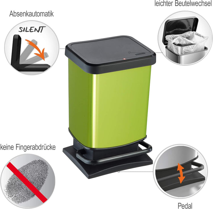 Rotho Paso Mülleimer 20l mit Pedal und Deckel, Kunststoff (PP) BPA-frei, grün/metallic, 20l (29.3 x