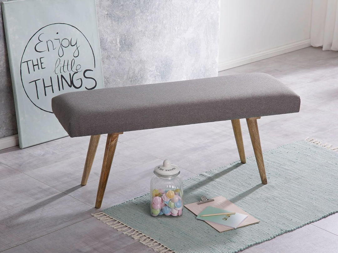 FineBuy Sitzbank Stoff/Massivholz Bank grau 117x51x38 cm im Retro Stil, 2er Polsterbank Flur, Gepols