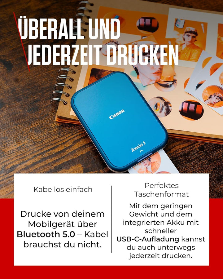 Canon Zoemini 2 Mini Fotodrucker mobil tragbar unterwegs Hosentasche (Fotodruck 5x7,6 cm, kabelllos,