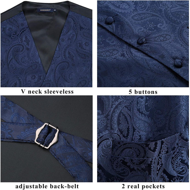HISDERN Herren Weste Paisley Floral Jacquard Krawatte Einstecktuch Taschentuch Weste Anzug Set XL Ma