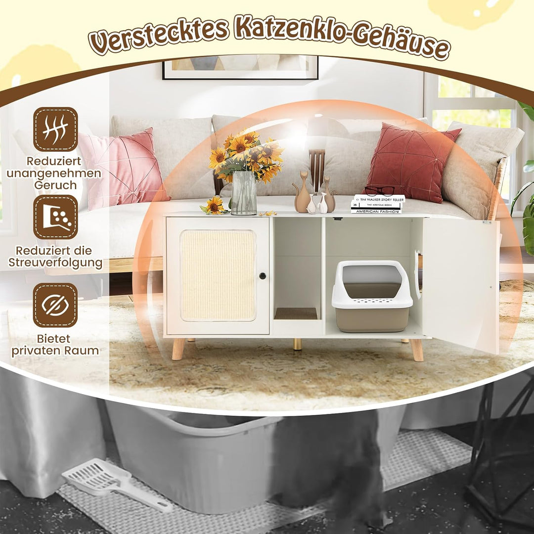 COSTWAY Katzenschrank für Katzentoilette, Katzenklo Schrank mit 2 Türen &amp; Kratzbrett &amp; 2 Sisal-Kratz
