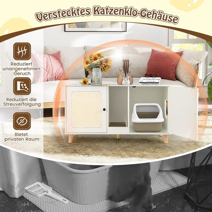 COSTWAY Katzenschrank für Katzentoilette, Katzenklo Schrank mit 2 Türen &amp; Kratzbrett &amp; 2 Sisal-Kratz