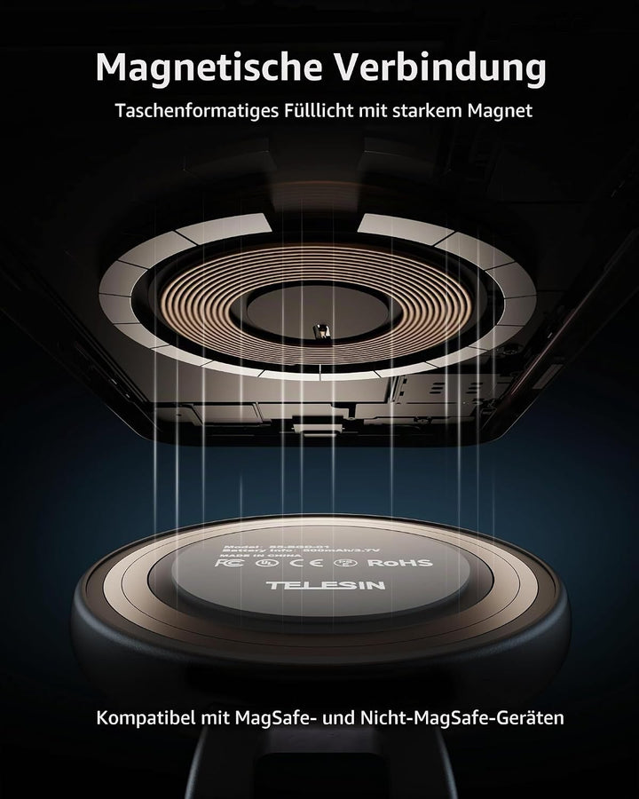 TELESIN C03 Magnetische Selfie-Licht, Handy-Licht kompatibel mit Magsafe, CRI97 360° LED Selfie Ring