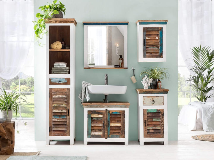 Woodkings® Bad Unterschrank Perth recyceltes Holz bunt rustikal Echtholz weiss massiv Badmöbel Badez