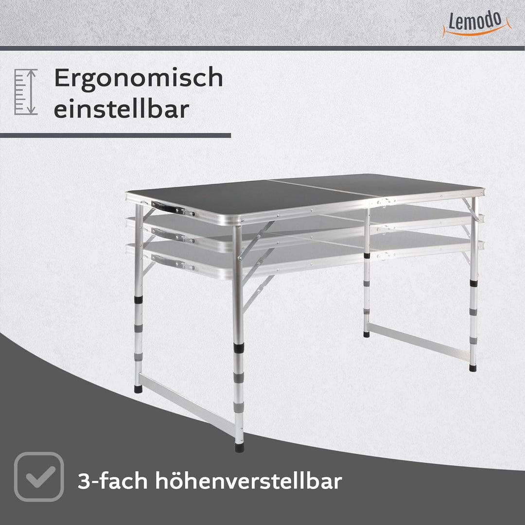Lemodo Campingtisch weiss klappbar | Klapptisch 3-Fach höhenverstellbar | Falttisch 120 x 60 cm | Le