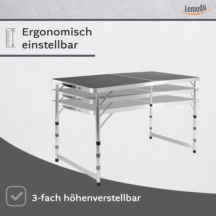 Lemodo Campingtisch weiss klappbar | Klapptisch 3-Fach höhenverstellbar | Falttisch 120 x 60 cm | Le