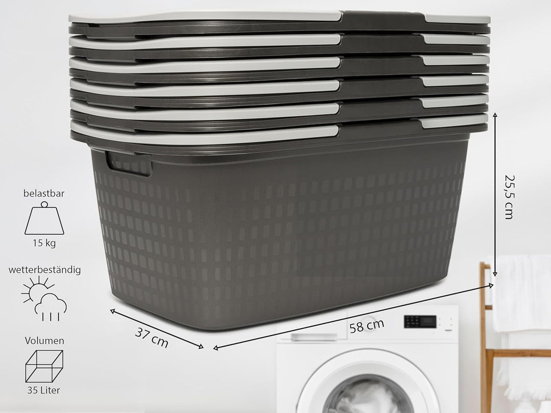 Hausfelder Wäschekorb stapelbar 35L – 4er Set Wäschewanne schwarz mit Henkel aus Kunststoff, 58x37x2