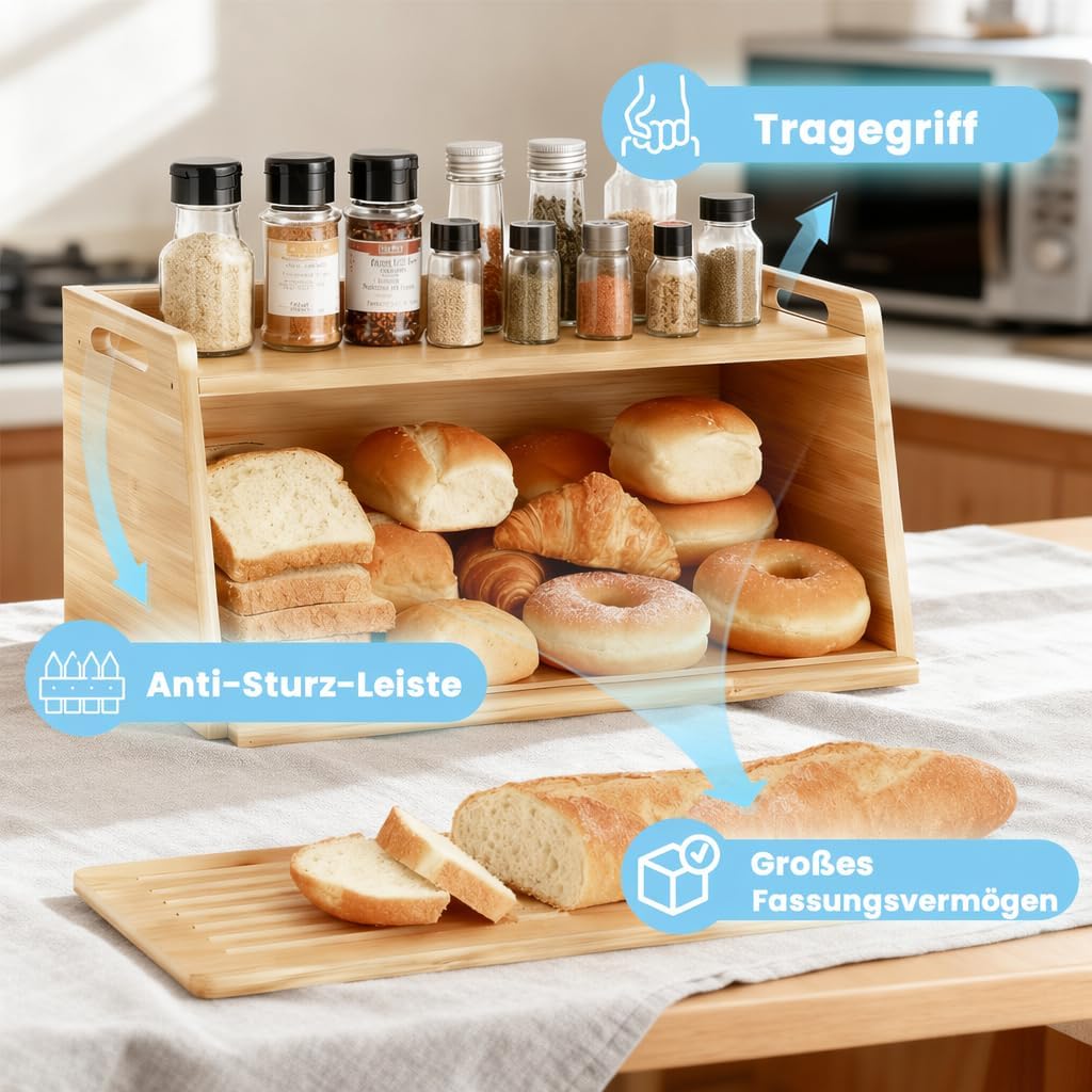 LEMIKKLE Bambus-Brotbox mit Schneidebrett – Brotaufbewahrungsbox, um die Frische der Lebensmittel zu