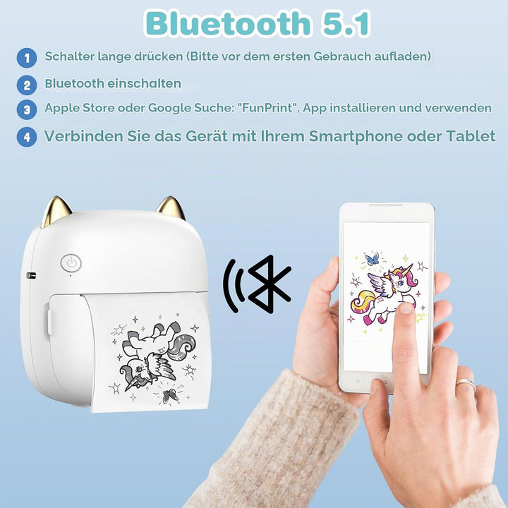 Mini Drucker, Tragbarer Mini Fotodrucker Thermodrucker Smartphone Taschendrucker, Wireless Bluetooth