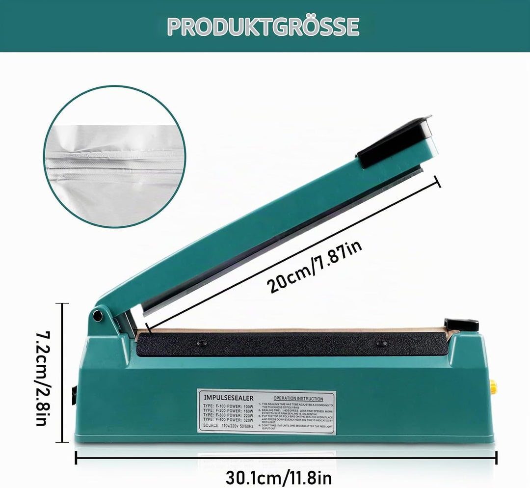 Heisssiegelgerät 200mm Folienschweissgerät, Balkenschweissgerät Siegelmaschine Bag Sealer Versiegelu