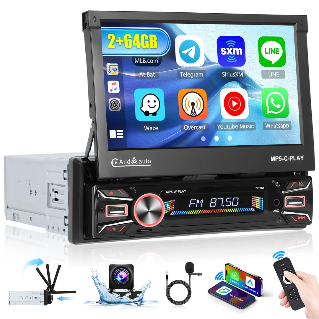 Android 15 Autoradio 1 Din CarPlay mit motorisiertem Bildschirm (2 + 64G), 7 Zoll Bluetooth Autoradi