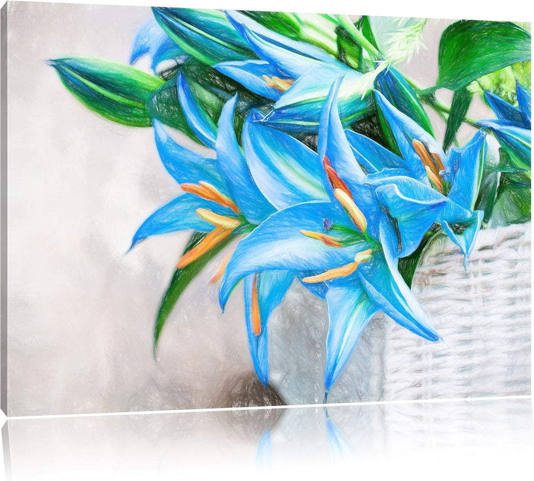 Pixxprint schöne Blaue Blumen im Körbchen Kunst Buntstift Effekt, Format: 100x70 auf Leinwand, 100x7