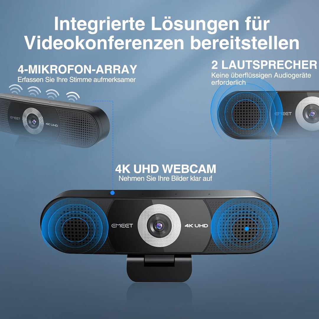 EMEET C980 PRO 3-in-1 4K Webcam Mit 4 Geräuschunterdrückenden Mikrofonen Und 2 Lautsprecher, 60°-98°