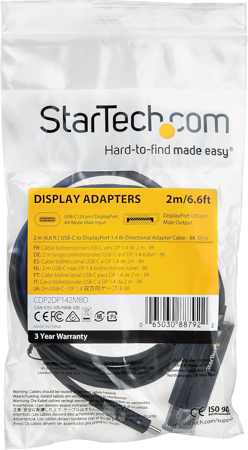 StarTech.com USB-C auf DisplayPort-Kabel (8K 30 Hz, 1m, HBR3, USB-C-Adapter, Thunderbolt 3-kompatibe