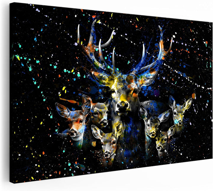 Artmazing | Wandbild XXL 120x80cm auf Leinwand | Hirschvater und Kinder Bunt | Massivholz Keilrahmen