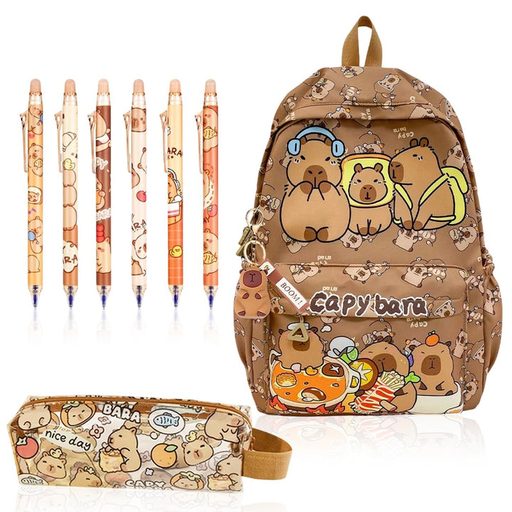 OPVXZAD Capybara Rucksack Set, Schulrucksack Grosse Kapazität mit Capybara Federmäppchen, Stiften &