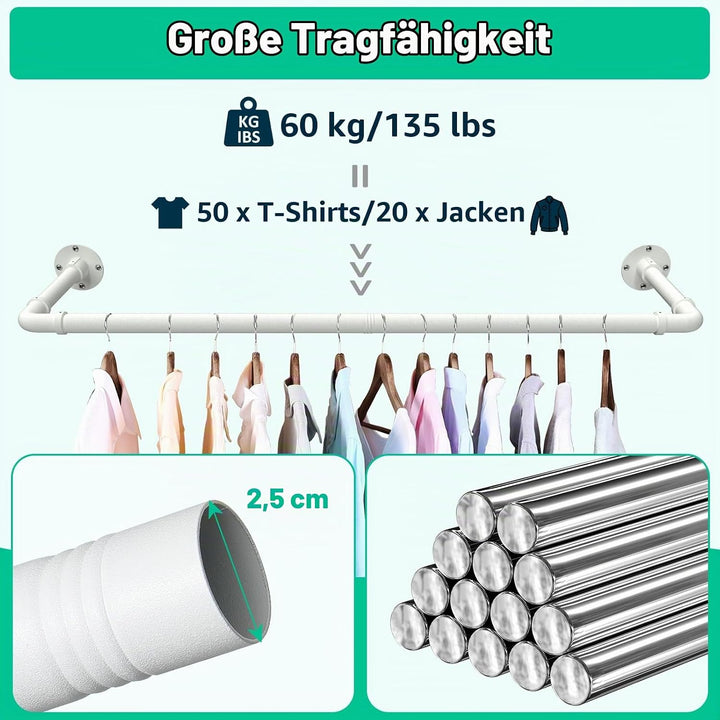 Kleiderstange für die Wand, 119cm Industrierohr Kleiderstangen,Kleiderständer Wandmontage, Industria