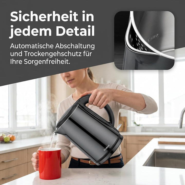 Trisa Comfort Touch Wasserkocher Edelstahl Innen (1,5L, 2200W), Doppelwandiger Teekocher mit Cool-To