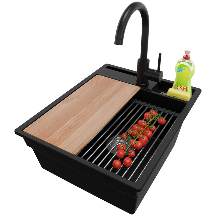 Spülbecken Schwarz 43x53 cm, Granitspüle 1 Becken + Ablauf-Set + Küchenarmatur, Küchenspüle ab 45er