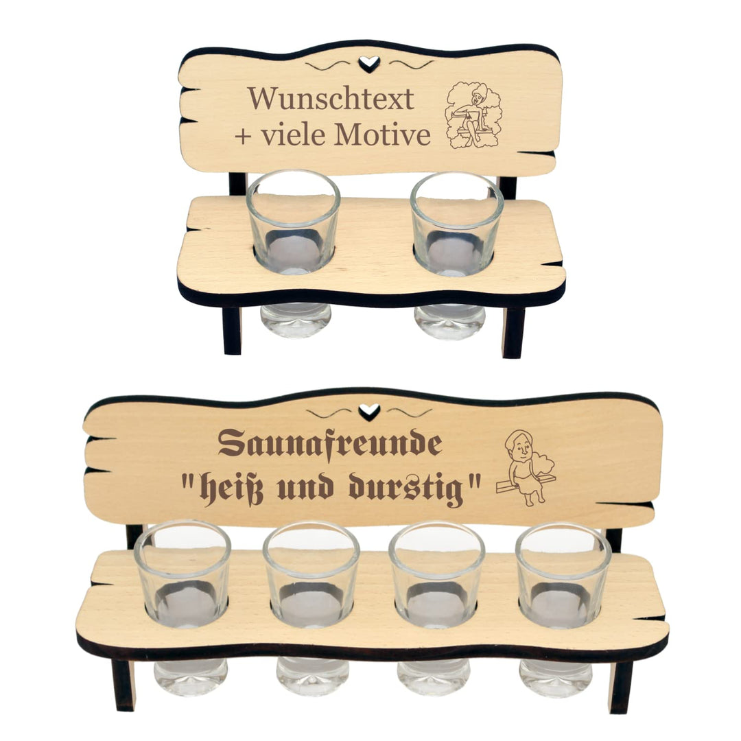 Saunabank mit Schnapsgläsern - Gravur mit Name + Spruch - mit Zwei Gläser oder 4, Geschenkidee für S