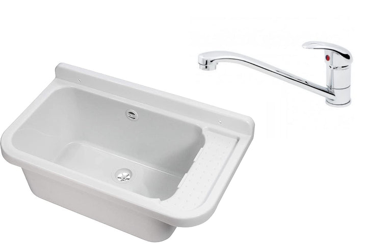 VBChome Ausgussbecken mit Armatur 50 x 34 cm Spülbecken Waschtrog mit Überlauf Waschbecken für Gewer