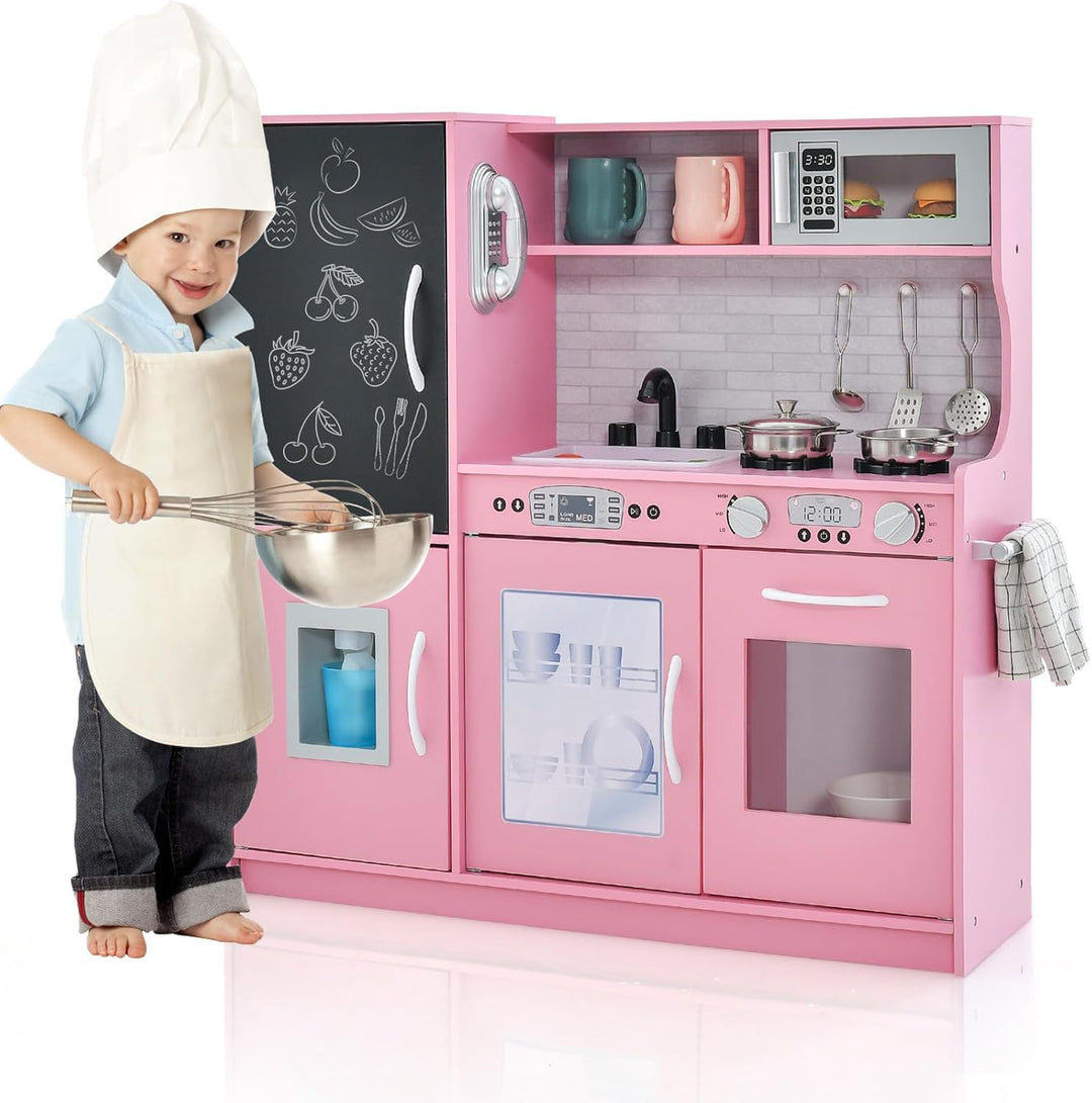 HOMASIS Spielküche mit 10 Zubehör, Kinderküche Holz, Spielzeugküche mit Tafel Spüle Herd Ofen Mikrow