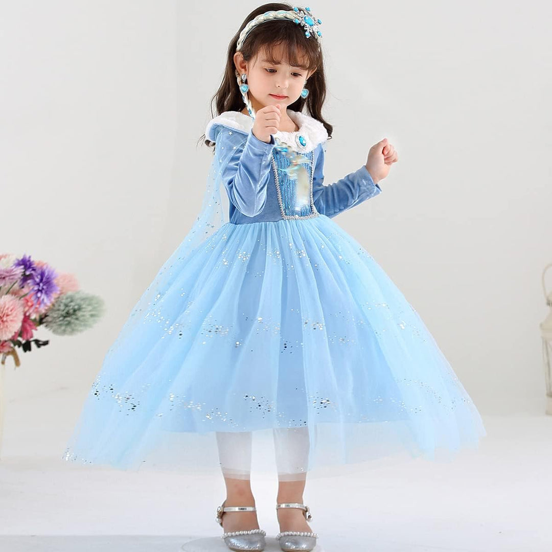Snyemio Elsa Kostüm Mädchen Prinzessin Eiskönigin Kinder Kleid Eisprinzessin Verkleidung Langarm für