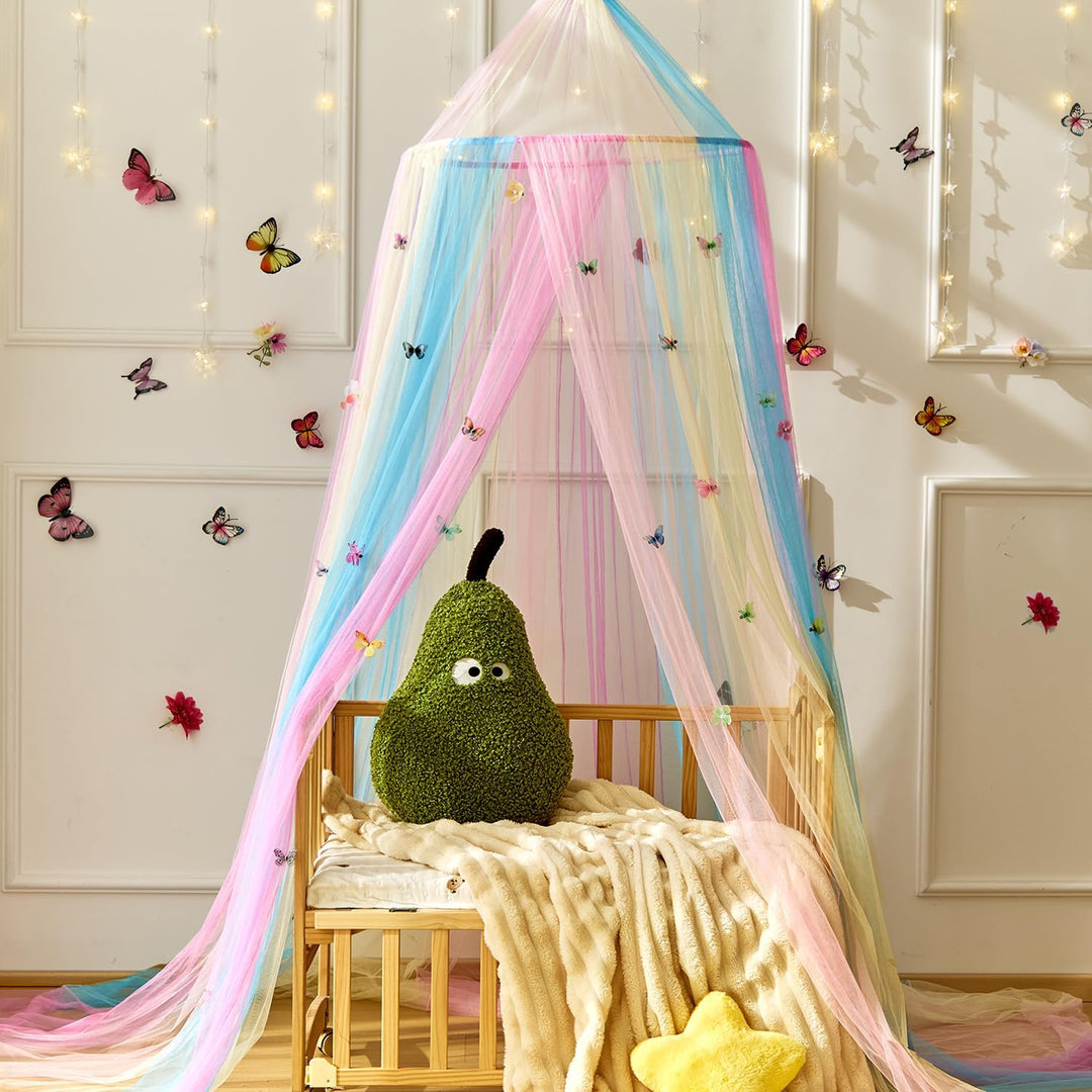 Regenbogenbett Vordach mit Schmetterlingen für Mädchen,Atemaktiver Vordach für Bett,Prinzessin Spiel