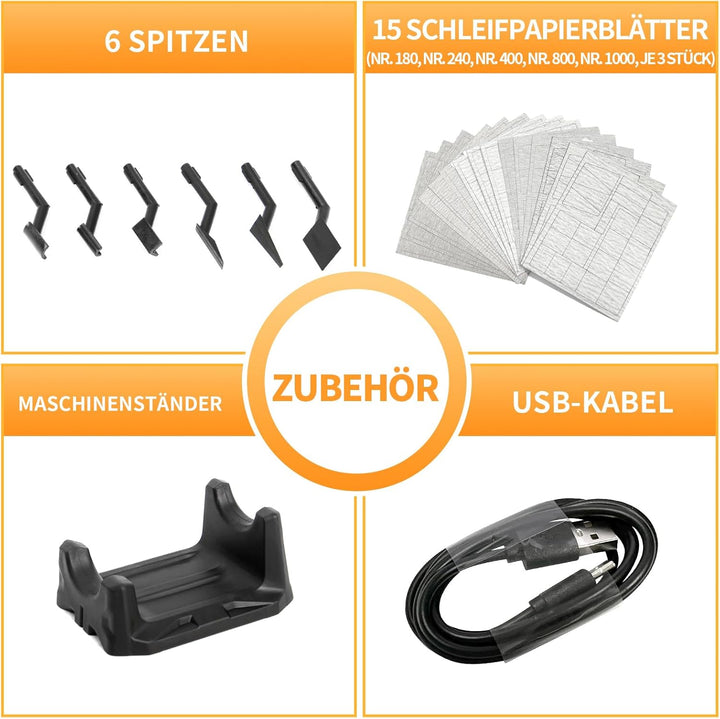 Hubschleifer, variable Drehzahl und USB-Aufladung mit LED-Licht, Stiftschleifer mit 6 Schleifköpfen,