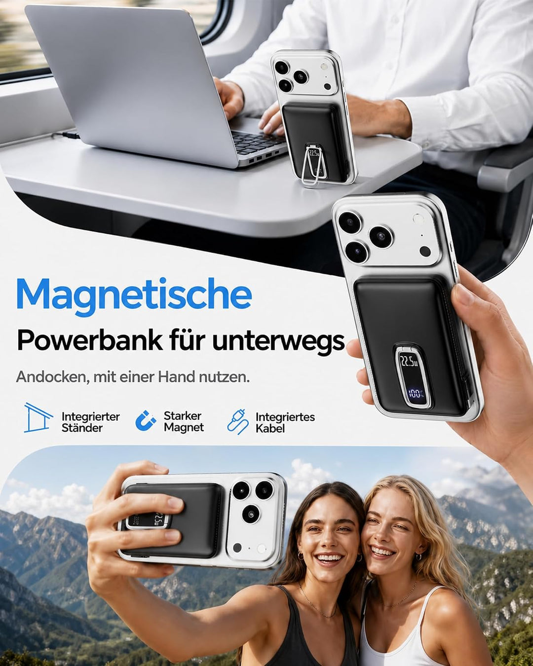 Magnetische Powerbank 10000mAh mit Ständer &amp; 22.5W Kabel für iPhone Blau Blau 10000.0 Milliamperestu