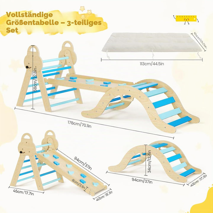 7-in-1 Montessori Klettergerüst Indoor, Kletterdreieck mit Rutsche &amp; Kletterbogen, stabiles Holzklet