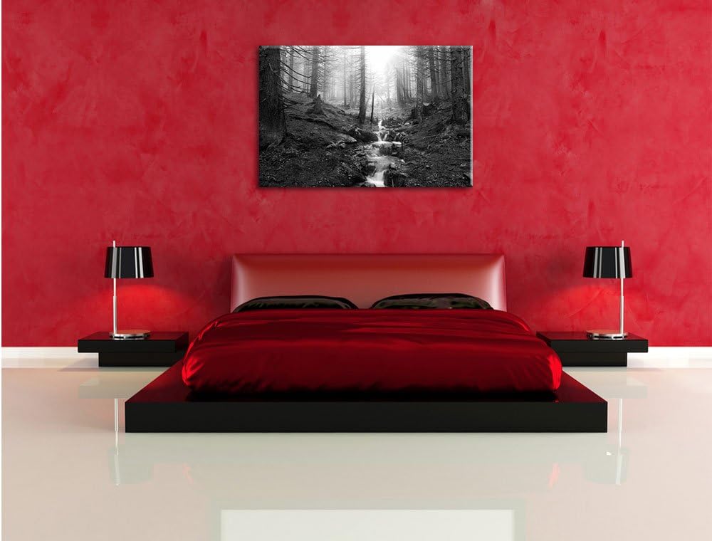 Bach im Wald Kunst B&W, Format: 100x70 auf Leinwand, XXL riesige Bilder fertig gerahmt mit Keilrahme