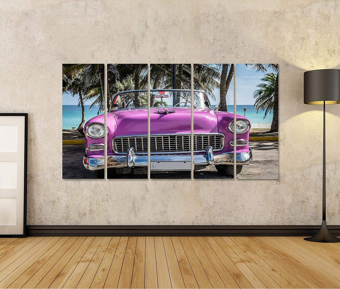 islandburner Bild auf Leinwand Kuba Rosa Amerikanisches Klassisches Auto Geparkt Unter Palmen In Der
