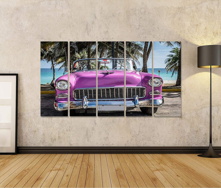 islandburner Bild auf Leinwand Kuba Rosa Amerikanisches Klassisches Auto Geparkt Unter Palmen In Der