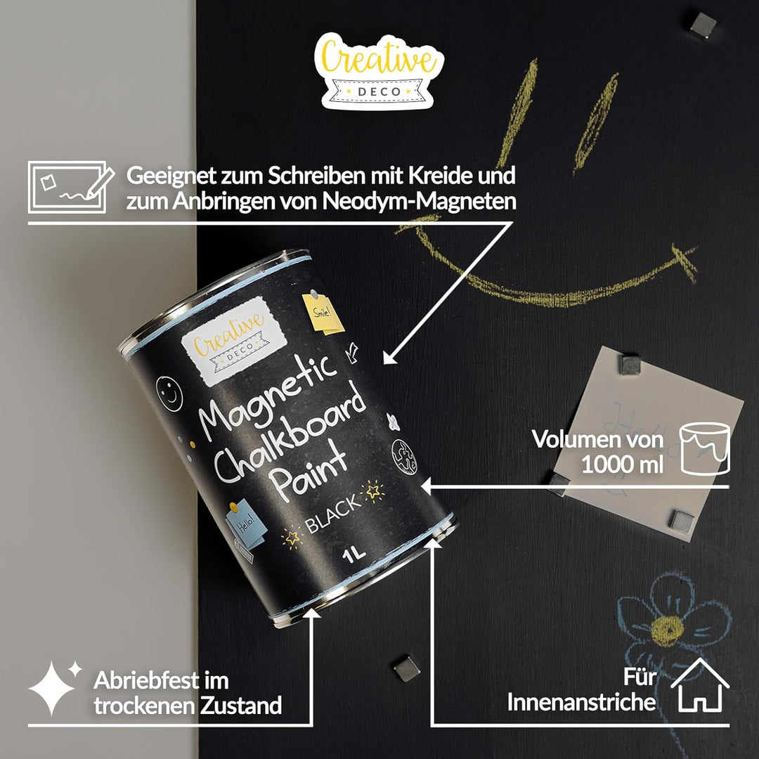 Creative Deco Magnetisch Schwarz Wandfarbe Kreidefarbe Tafelfarbe | 1000ml | 2 m² Effizienz mit 3 Sc