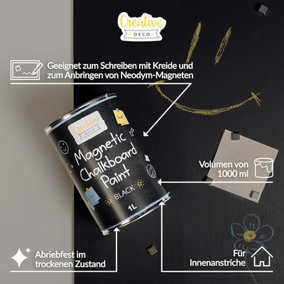 Creative Deco Magnetisch Schwarz Wandfarbe Kreidefarbe Tafelfarbe | 1000ml | 2 m² Effizienz mit 3 Sc