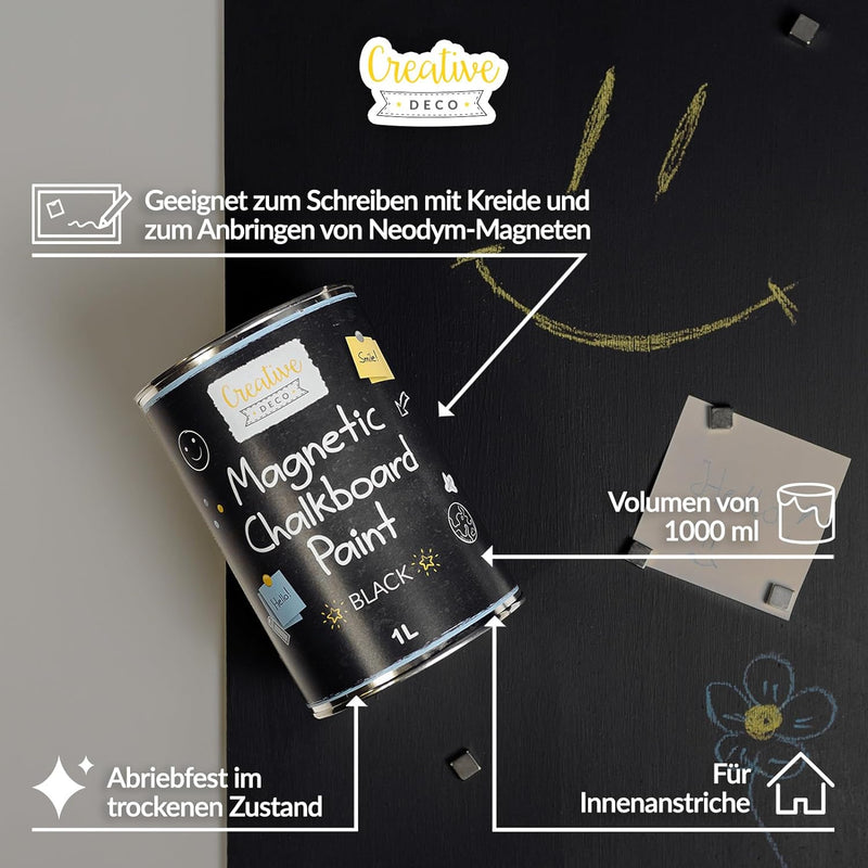 Creative Deco Magnetisch Schwarz Wandfarbe Kreidefarbe Tafelfarbe | 1000ml | 2 m² Effizienz mit 3 Sc
