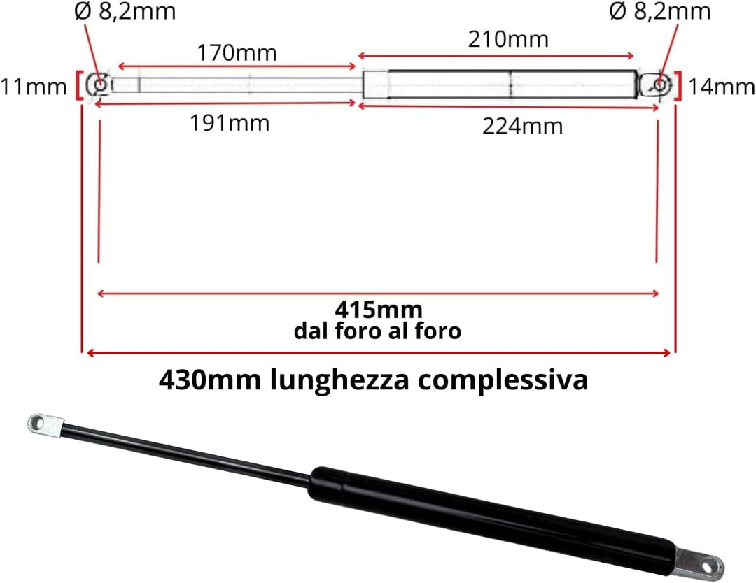 2x Gasdruckfedern 600N für Hebemechanismus | Abstand 415 mm – Anschluss an Öse | Ersatzteil für Bett