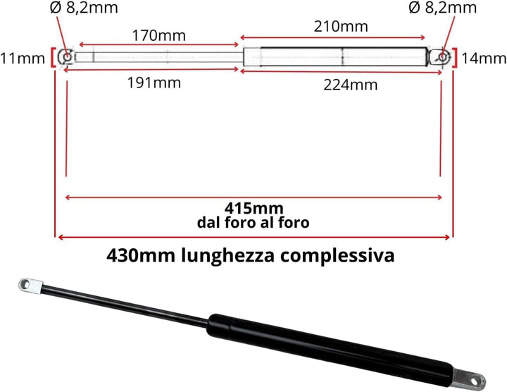 2x Gasdruckfedern 600N für Hebemechanismus | Abstand 415 mm – Anschluss an Öse | Ersatzteil für Bett