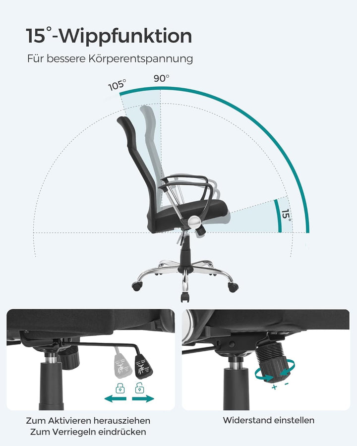 SONGMICS Bürostuhl, ergonomischer Schreibtischstuhl, Drehstuhl, gepolsterter Sitz, Stoffbezug, höhen