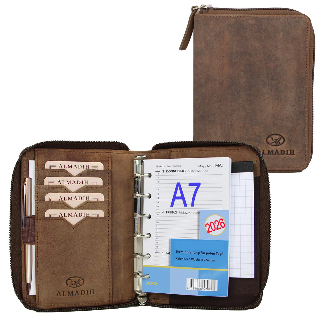 ALMADIH Leder A7 Organizer mit Reissverschluss Kalender 2024 Notizblock Premium Rindsleder Vintage G