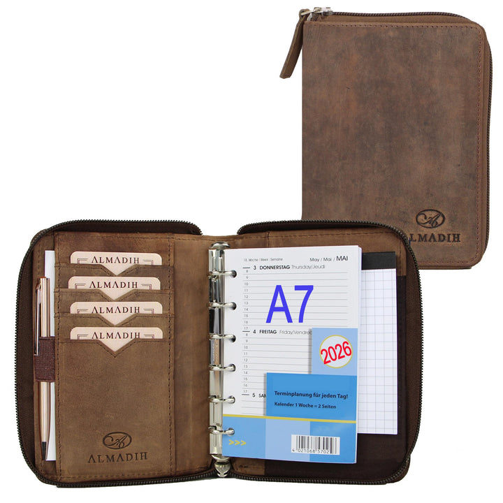 ALMADIH Leder A7 Organizer mit Reissverschluss Kalender 2024 Notizblock Premium Rindsleder Vintage G