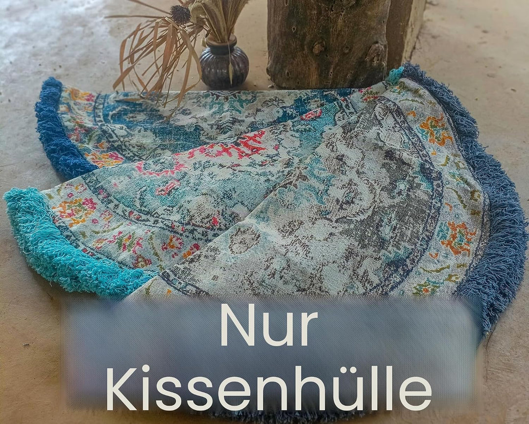 Mandala Life ART Meditationskissenbezug - 60 cm mit Fransen - Ronde bedruckter Boho Chic Bodenkissen