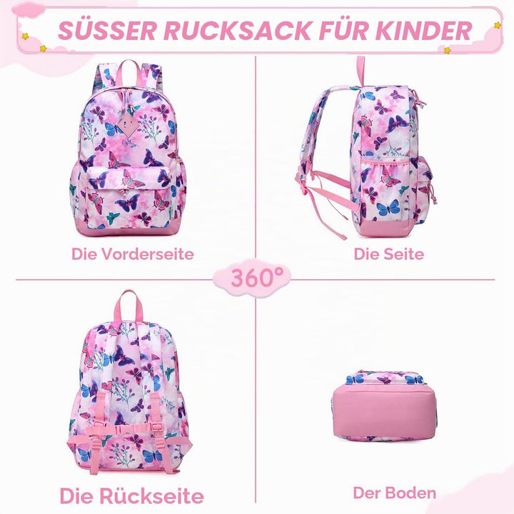 VASCHY Mädchen Schulrucksack 4-6 Jahre Schulrucksack mit Seitentaschen und Brustgurt 148-schmetterli