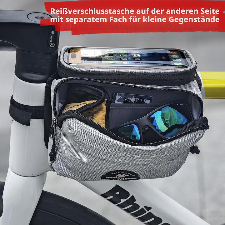Rhinowalk Fahrrad Rahmentasche mit Handyhalter – wasserdichte Oberrohrtasche mit Regenschutz, Doppel