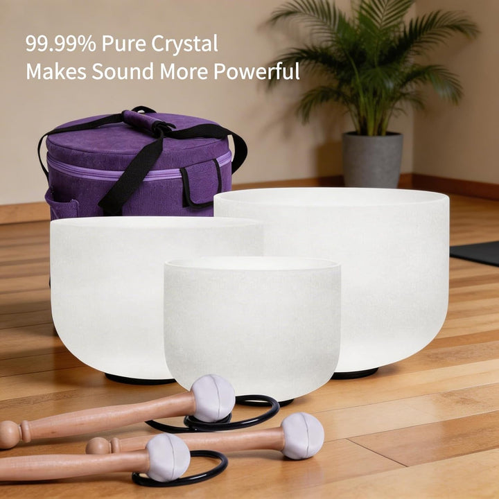 Energysound Perfect Pitch Chakra Singing Bowls 432Hz 11" D 9" F 7" B Frosted Quartz Crystal Singing