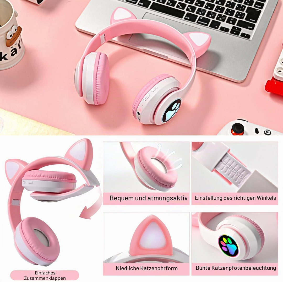 Katzenohr Kopfhörer Kindergeburtstag Geschenke Kind LED Katzenohren Faltbar Kabellose Bluetooth Over