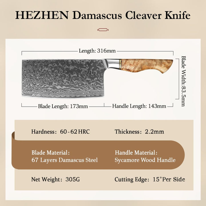 HEZHEN Küche Gemüse Fleischbeil Chinesischer Koch Kochmesser 17.3cm-Metzgermesser 67-Lagig Damaskus