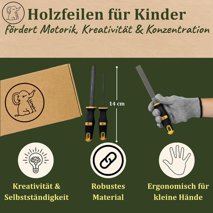 Eli® Kinderhammer + Holzraspeln – Echtes Werkzeug für Kinder mit ergonomisch rutschhemmenden Griff –